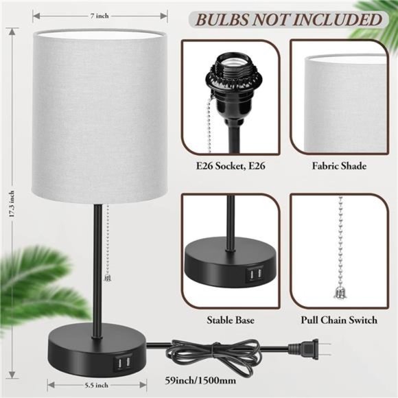 Table Lamps with USB Charging Ports, Grey for Bedside AC Outlet, Nightstand - Picture 4 of 5